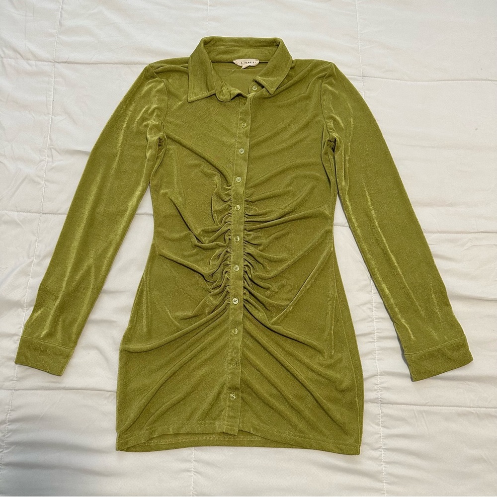 Ruched button up mini bodycon dress with long sleeves